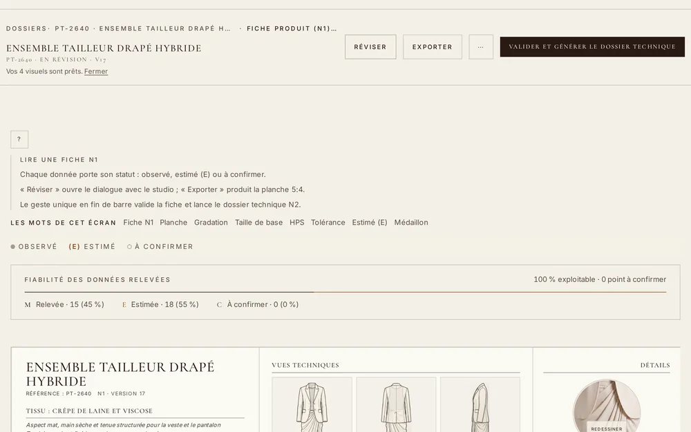 Fiche produit N1 — planche trois vues et cotes