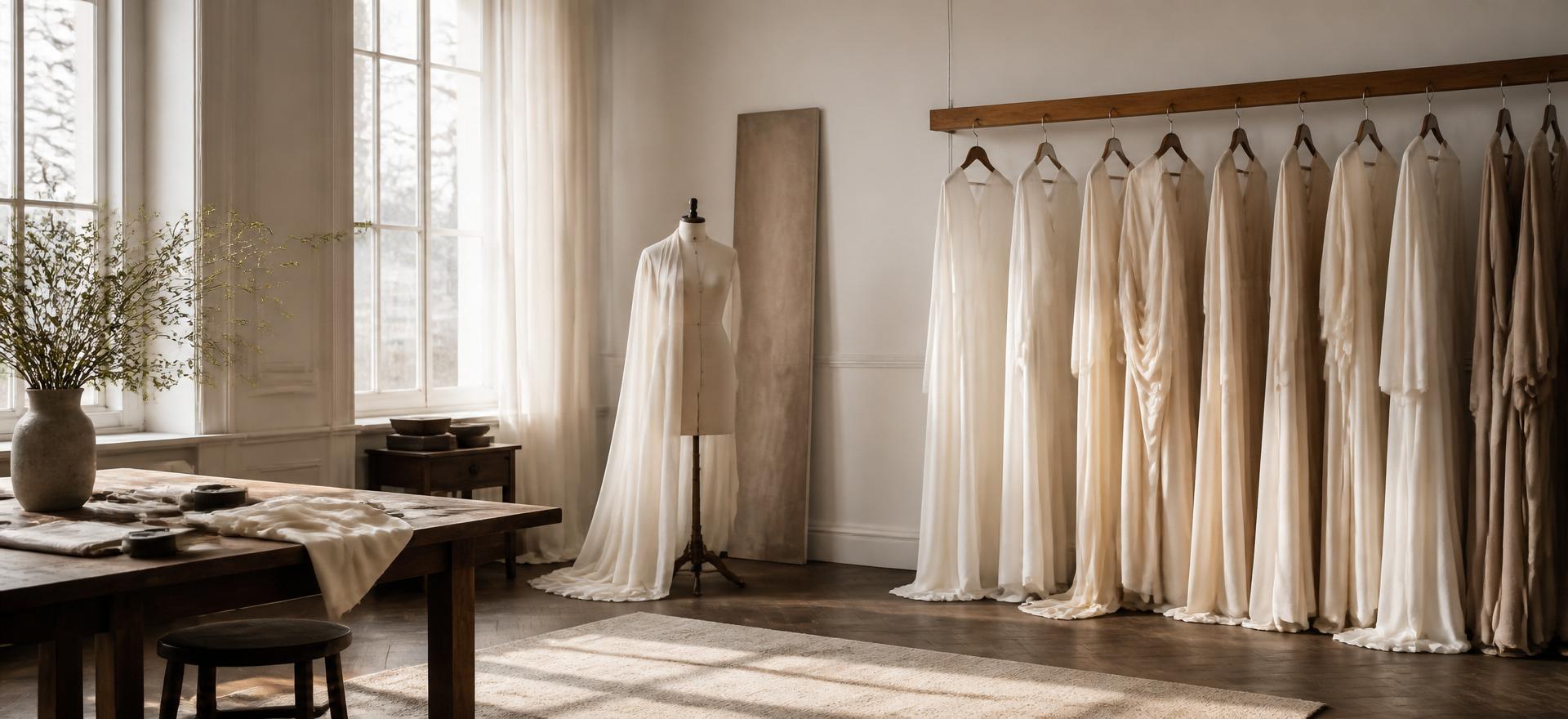 Atelier lumineux : portant de pièces longues en crêpe ivoire et mannequin drapé d'un voile