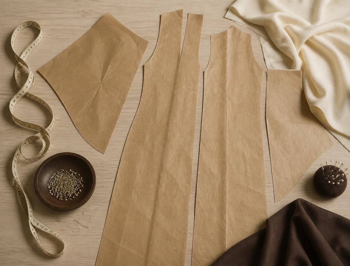 Pièces de patron en papier kraft pour un kaftan long et des manches kimono, épingles et mètre ruban